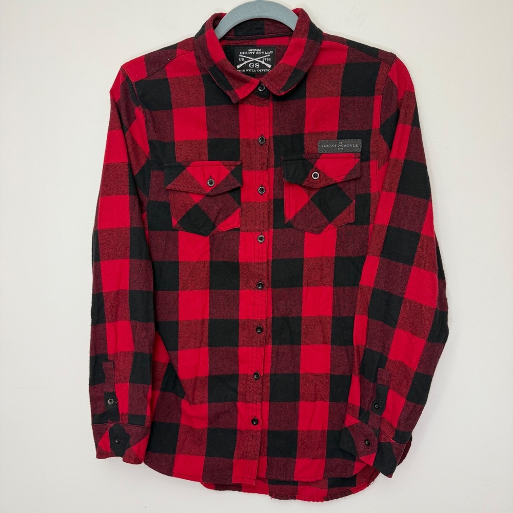 Grunt Style Women's Plaid Flannel Shirt Button Up Long Sleeve‎ Red Black Medium
